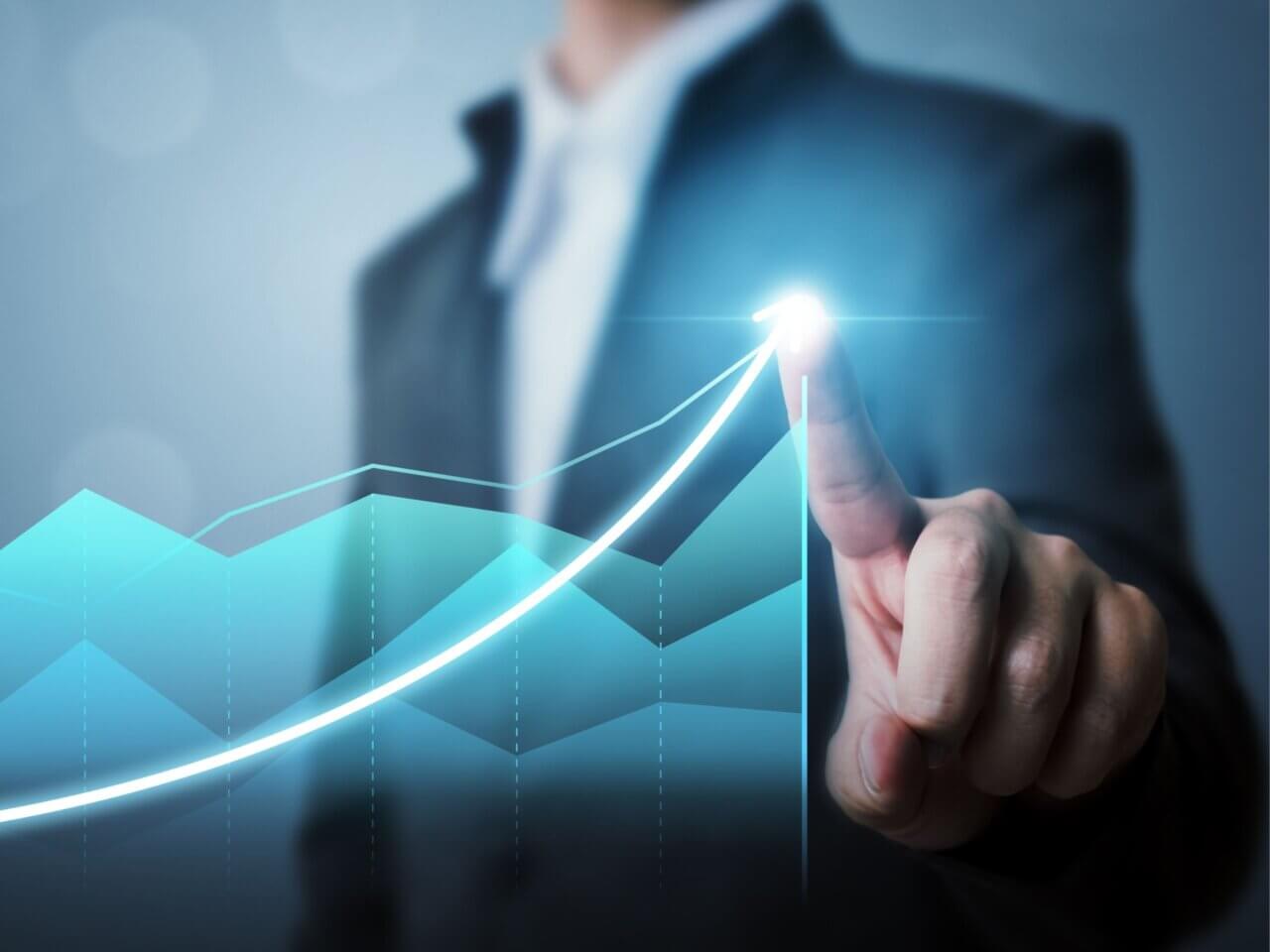 Digital blue growth chart representing telecom profitability and LOHAS-focused MVNO consulting success by Elisenia Consulting.